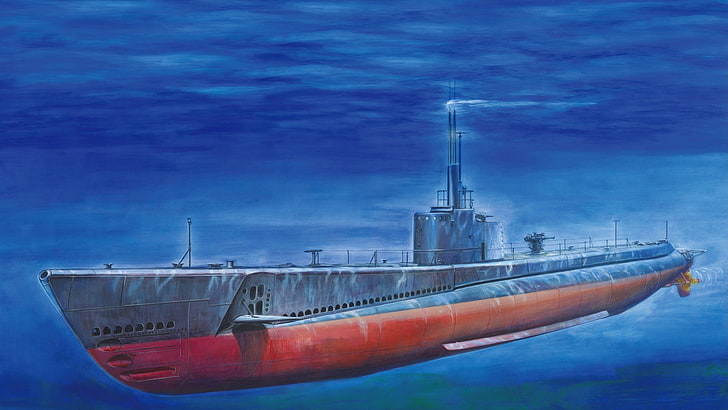 gray and red submarine illustration, boat, art, USA, Navy, combat