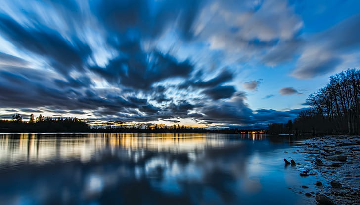 Canada British Columbia Lake Water Surface Shore Trees Evening Sunset Sky Clouds Reflection Blue
