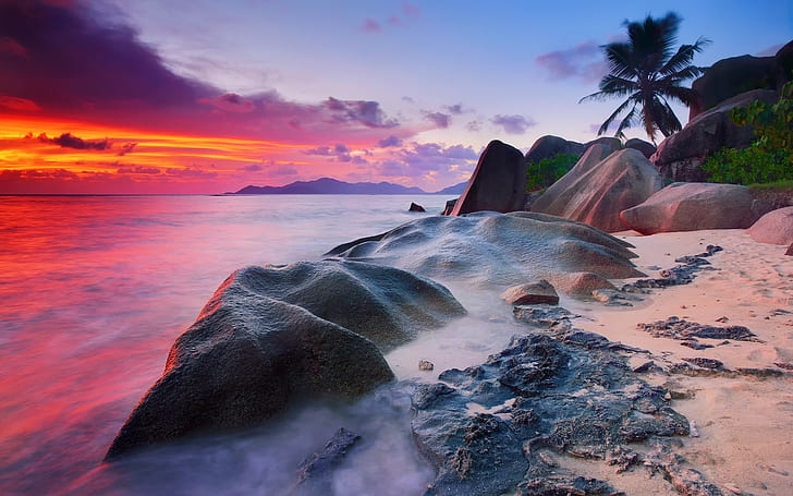 coast, purple sky, sand, tropical, island, rocks, sea, HD wallpaper