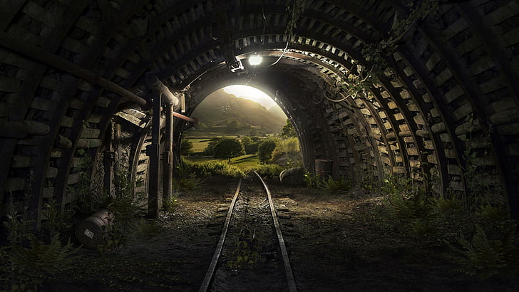 tunnel, tracks, light, trees, dark, rails, mining, mine, railway track, HD wallpaper
