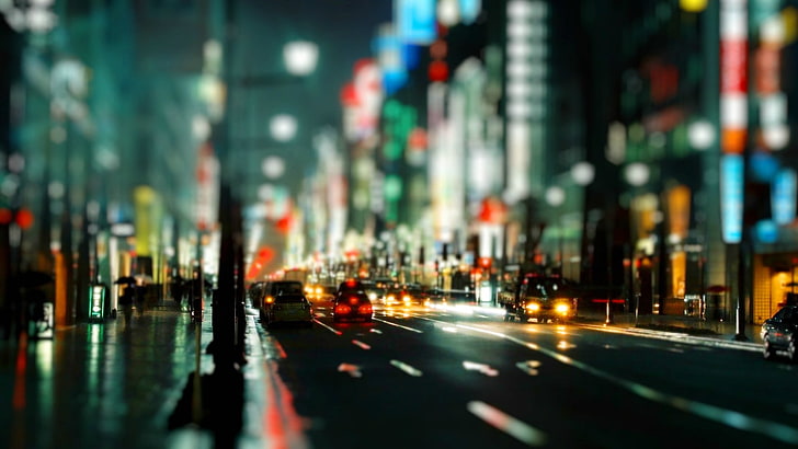 focus photo of road, city, depth of field, transportation, illuminated