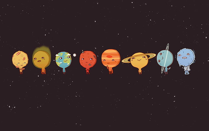 solar system cartoon clip art, universe, planet, emotion, minimalism