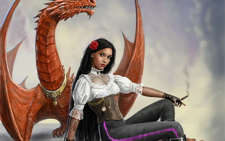 fantasy art, dragon, women, DeviantArt, fantasy girl, cigars