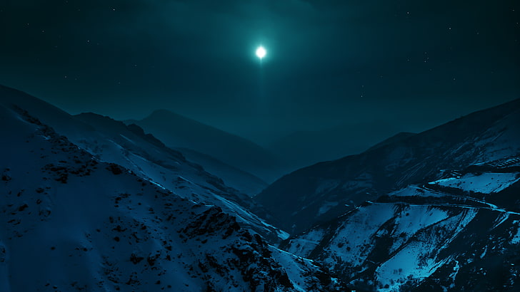 white mountain illustration, mountain range under night skies and full moon