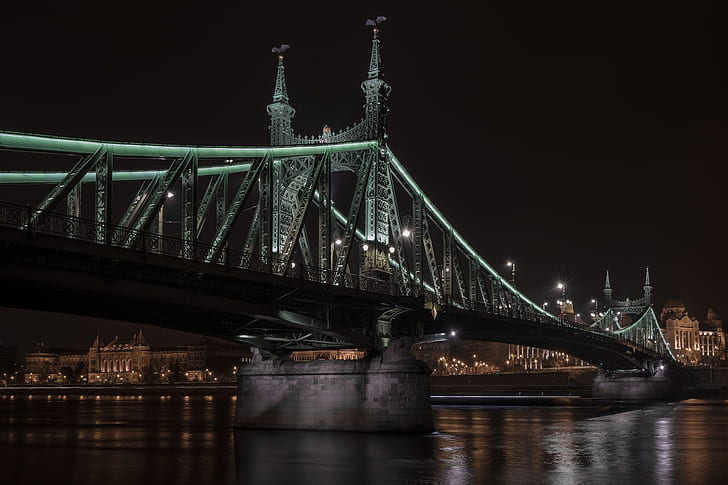 night, river, Hungary, Budapest, The Danube, Liberty Bridge, HD wallpaper