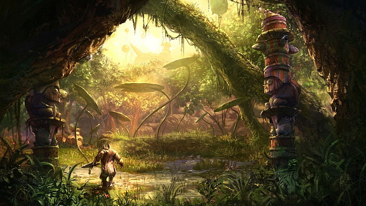 fantasy art digital art pixelated artwork science fiction trees forest plants dark creature monuments sunlight tera online video games