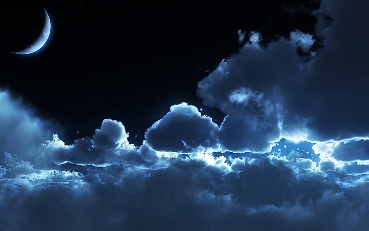 Moon, night, stars, clouds, cloud - sky, cloudscape, nature, HD wallpaper