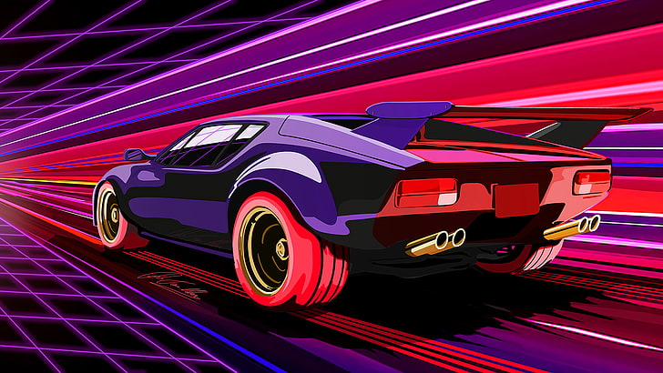 purple coupe illustration, car, DeTomaso Pantera, Retro style