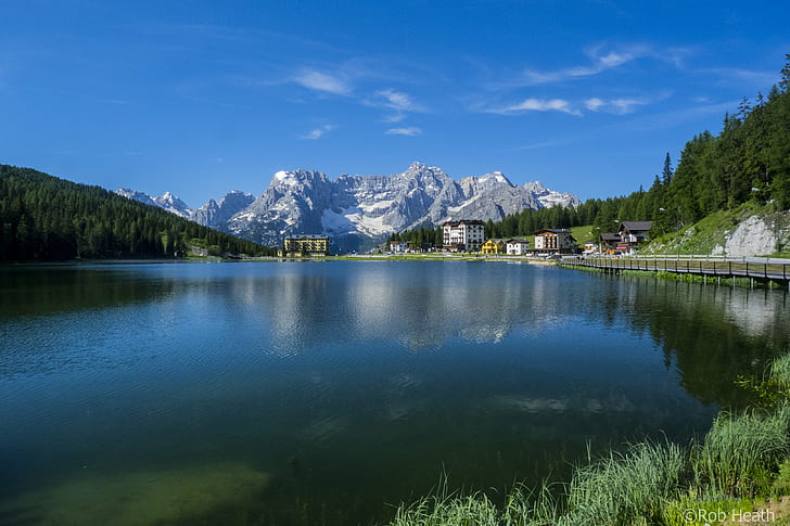 landscape photography of mountain near body of water surrounded by pine trees, lake misurina, lake misurina, HD wallpaper