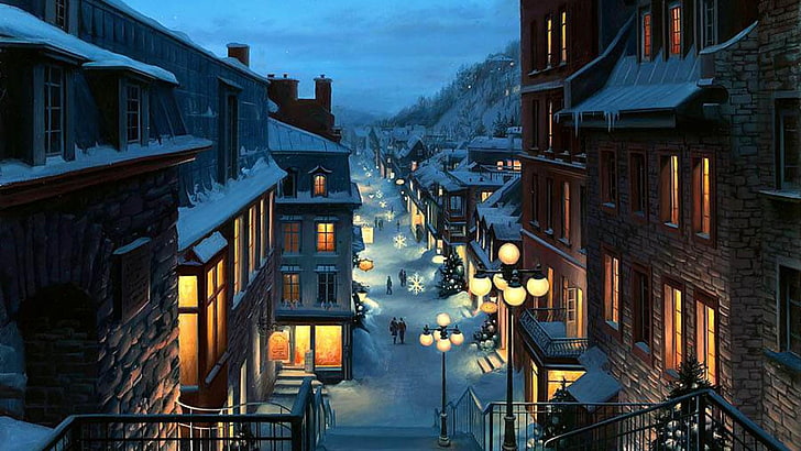 town, winter, neighbourhood, sky, evening, home, city, alley, HD wallpaper