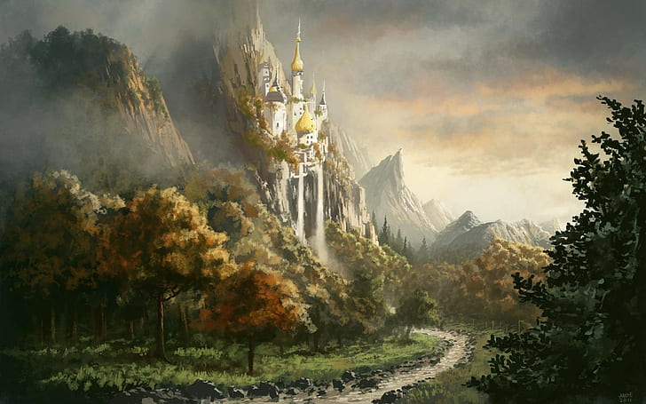 castle, artwork, path, fantasy art, trees, waterfall