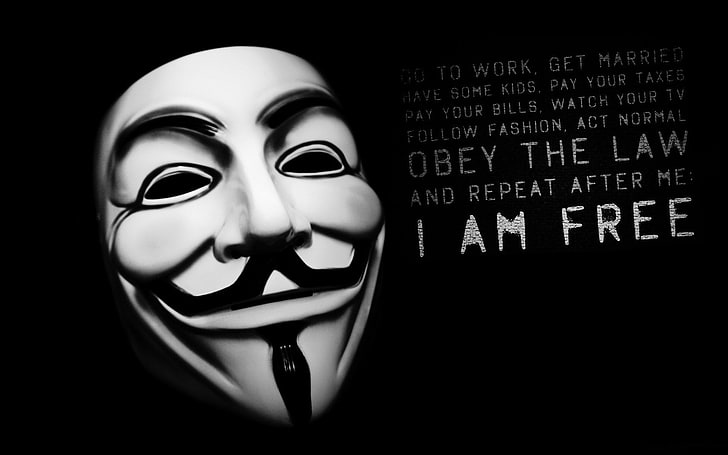 Anonymous wallpaper, mask, black, quote, monochrome, text, human representation