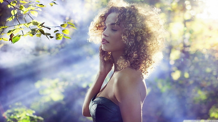 closed eyes, women, hairstyle, beauty, young adult, curly hair, HD wallpaper