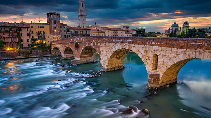 evening, adige river, europe, italy, verona, arches, dusk, cityscape, HD wallpaper