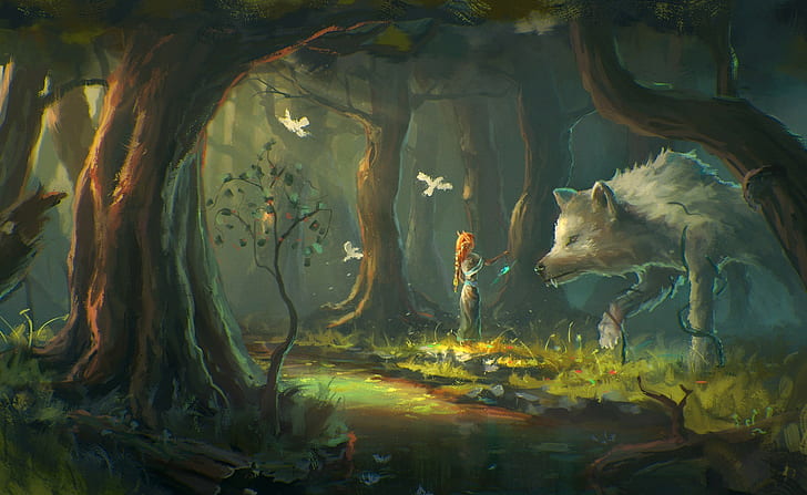 Fantasy Art, Girl, Wolf, Forest, wolf and woman painting