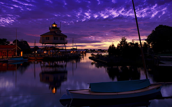 sunrise, lighthouse, clouds, boat, town, reflection, HD wallpaper
