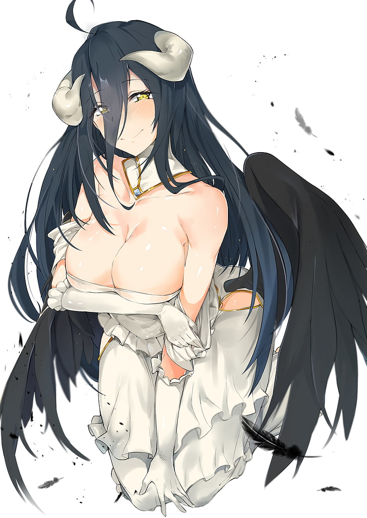 Overlord anime character, Albedo (OverLord), breast hold, horns, HD wallpaper