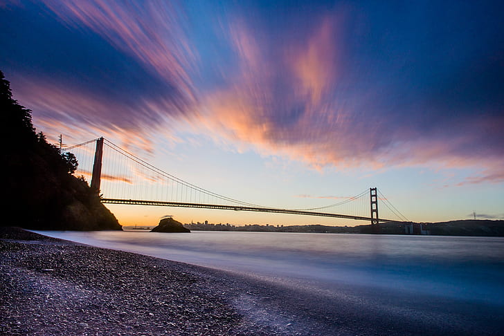 timelapse photo of golden gate during sunset, Blue and Gold, White