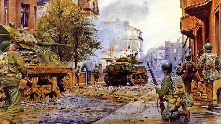 tank between buildings illustration, the city, war, street, smoke, HD wallpaper