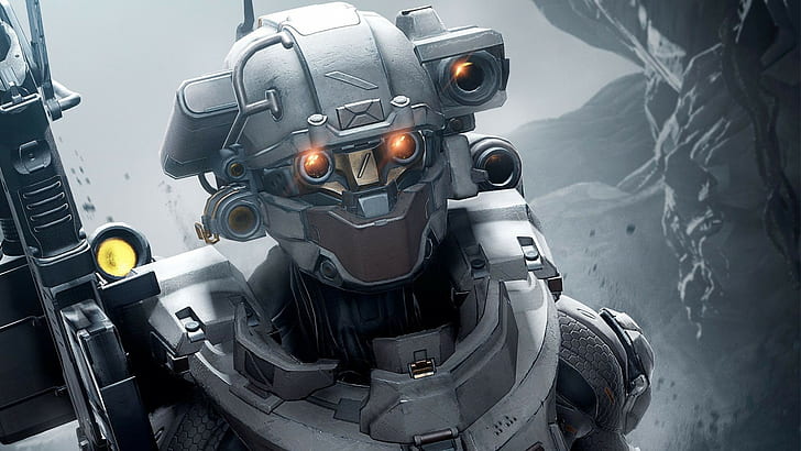 red eyes, face, Halo 5, digital art, armor, Master Chief, helmet