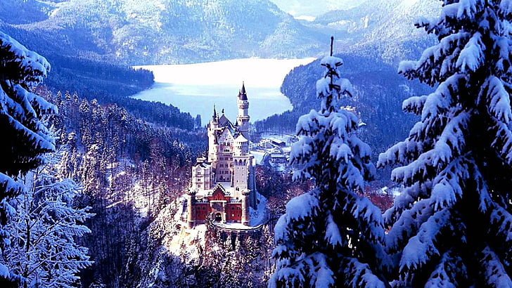 neuschwanstein, castle, bavaria, germany, winter, lake, europe, HD wallpaper
