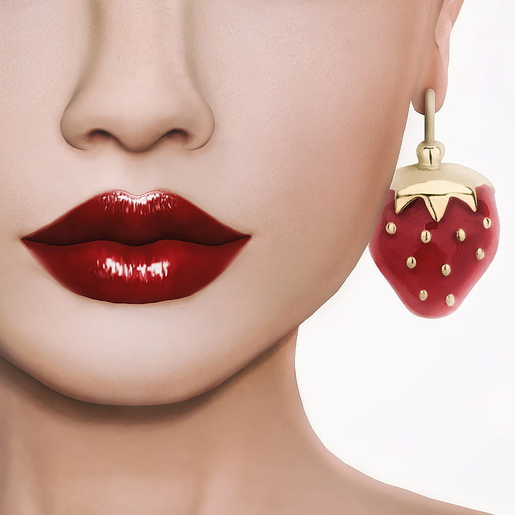 woman with strawberry pendant earring, women, red, beauty, human Lips, HD wallpaper