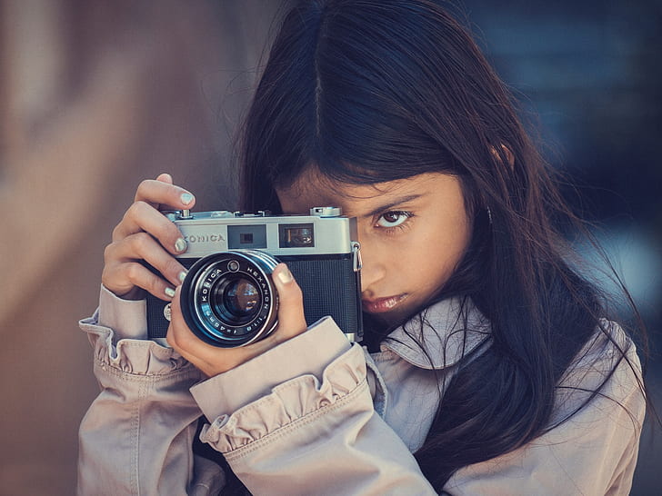 Girl use camera, Konica, HD wallpaper