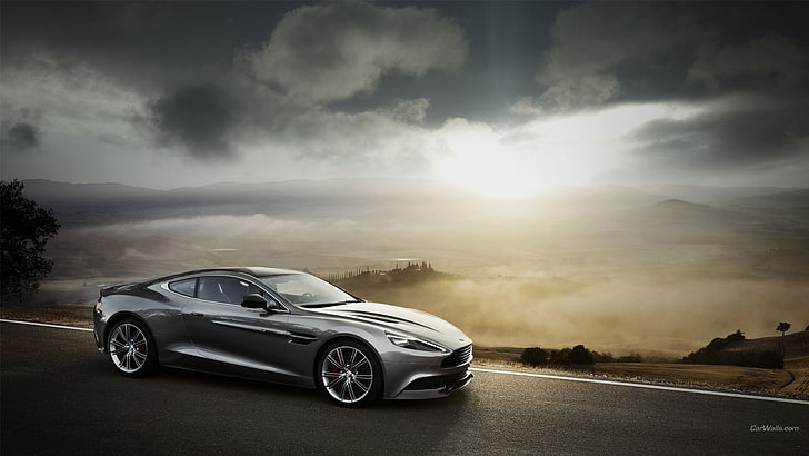 silver Aston Martin coupe, car, digital art, silver cars, vehicle, HD wallpaper