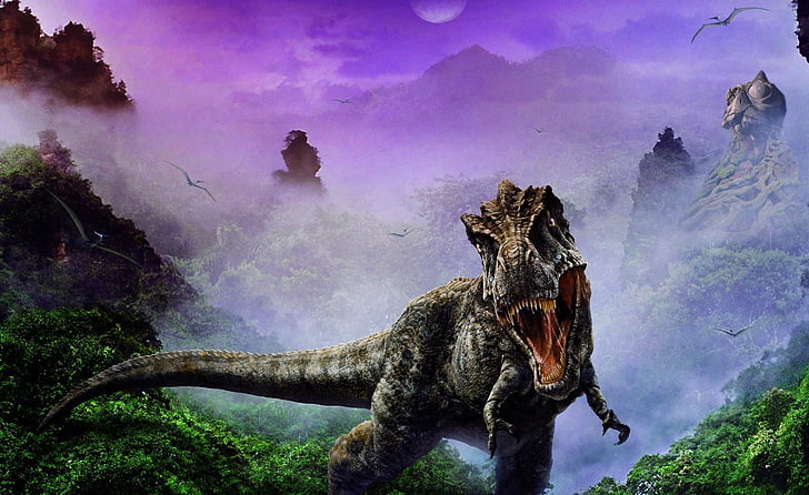 T-Rex illustration, dinosaur, jaws, fangs, fog, nature, extinct