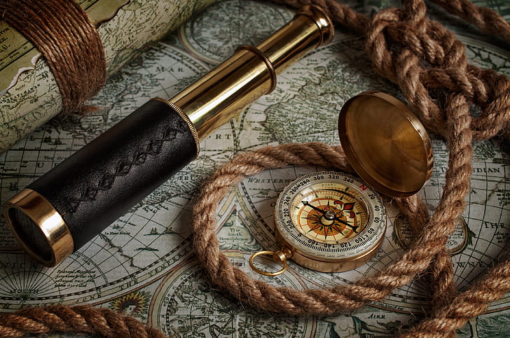 map, rope, compass, spyglass, telescope, old maps, nautical  navigation tools