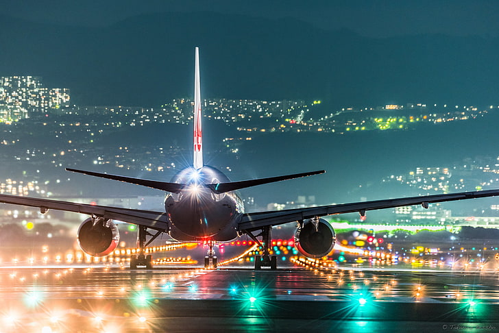 white airliner, night, lights, Japan, airport, the plane, Osaka