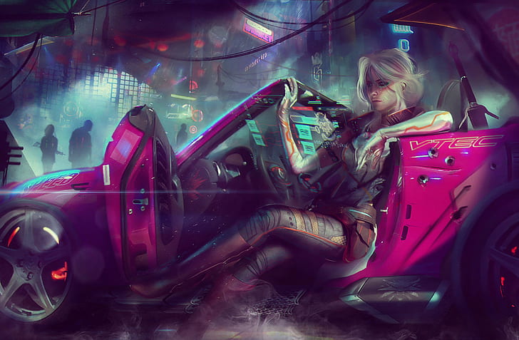 girl, the city, fiction, car, the Witcher, art, cyberpunk 2077