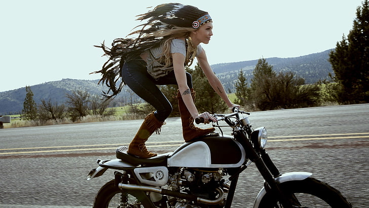 tattoo, Indian, motorcyclist, motorcycle, women with bikes, HD wallpaper