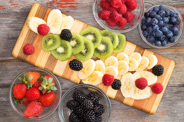 kiwi, banana, raspberry, blackberry, and blueberry fruits, berries, HD wallpaper