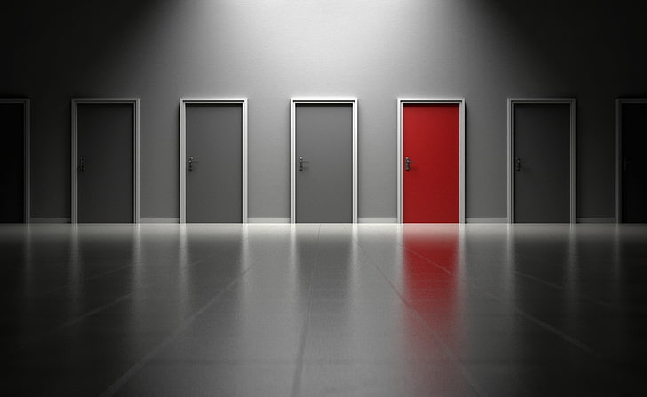 Choices, selective color photo of red wooden flush door, Artistic, HD wallpaper