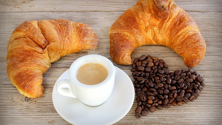 two baked bread and white teacup, food, coffee, coffee beans