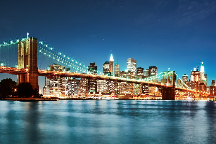 Manhattan Bridge, New York City, night, the city, lights, Brooklyn bridge