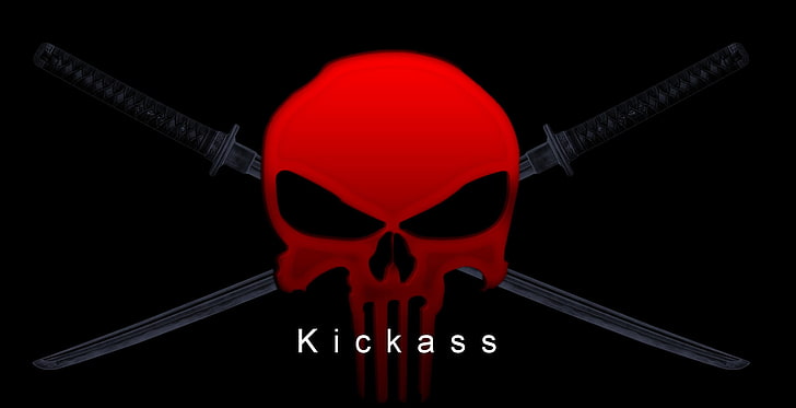red and black Kickass logo, katana, skull, pirates, OP, black background