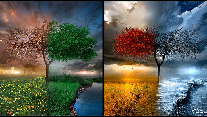 two green and red tree artworks collage, nature, seasons, trees