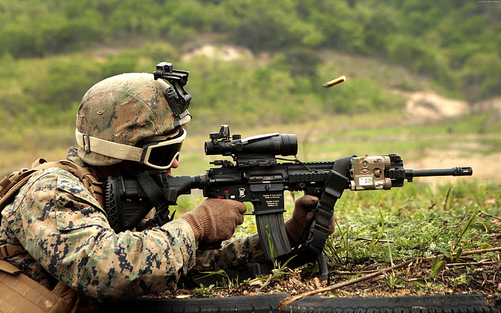 camo, Heckler and Koch, soldier, assault rifle, HK416, firing