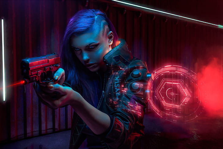 cyberpunk, women, gun, futuristic, science fiction, weapon, HD wallpaper