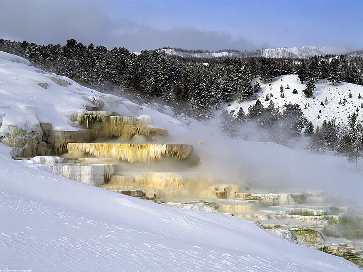 landscape, Yellowstone National Park, Wyoming, winter, geothermal place, HD wallpaper
