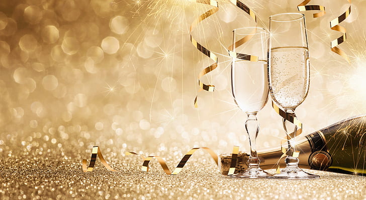 bottle, New Year, glasses, champagne, happy, fireworks, 2017, HD wallpaper