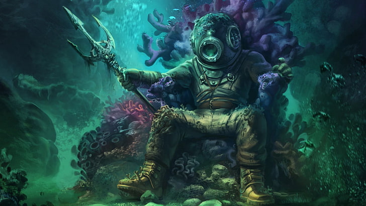 video game character illustration, water, sea, divers, coral