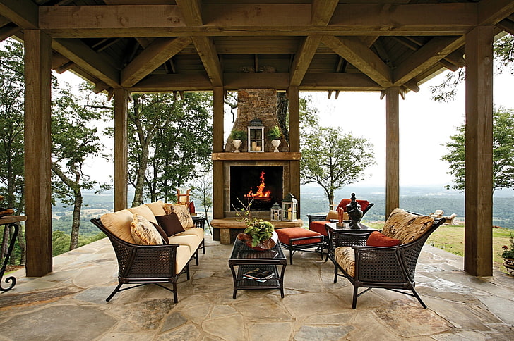 brown wicker sofa set, interior, fireplace, gazebo, veranda, table