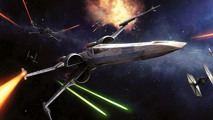gray war plane, Star Wars, space, spaceship, X-wing, laser, lasers