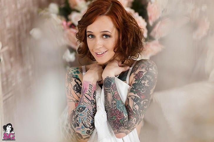 Suicide Girls, Janesinner Suicide, redhead, tattoo, smiling, HD wallpaper