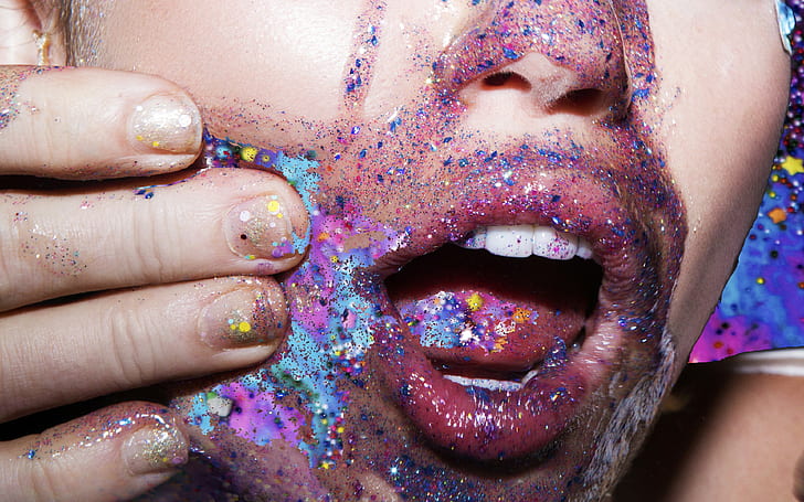 Miley Cyrus, colorful, glitter, album covers, juicy lips