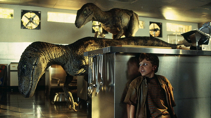 Jurassic Park, Kitchen, Tim Murphy, Velociraptor, childhood, HD wallpaper