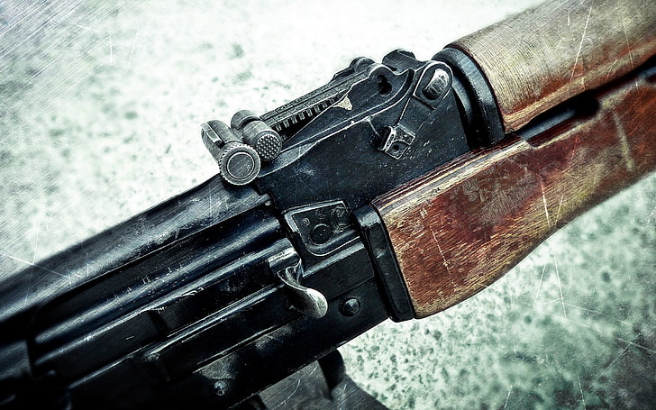 black bolt action rifle, gun, kalashnikov, AKM, weapon, close-up, HD wallpaper